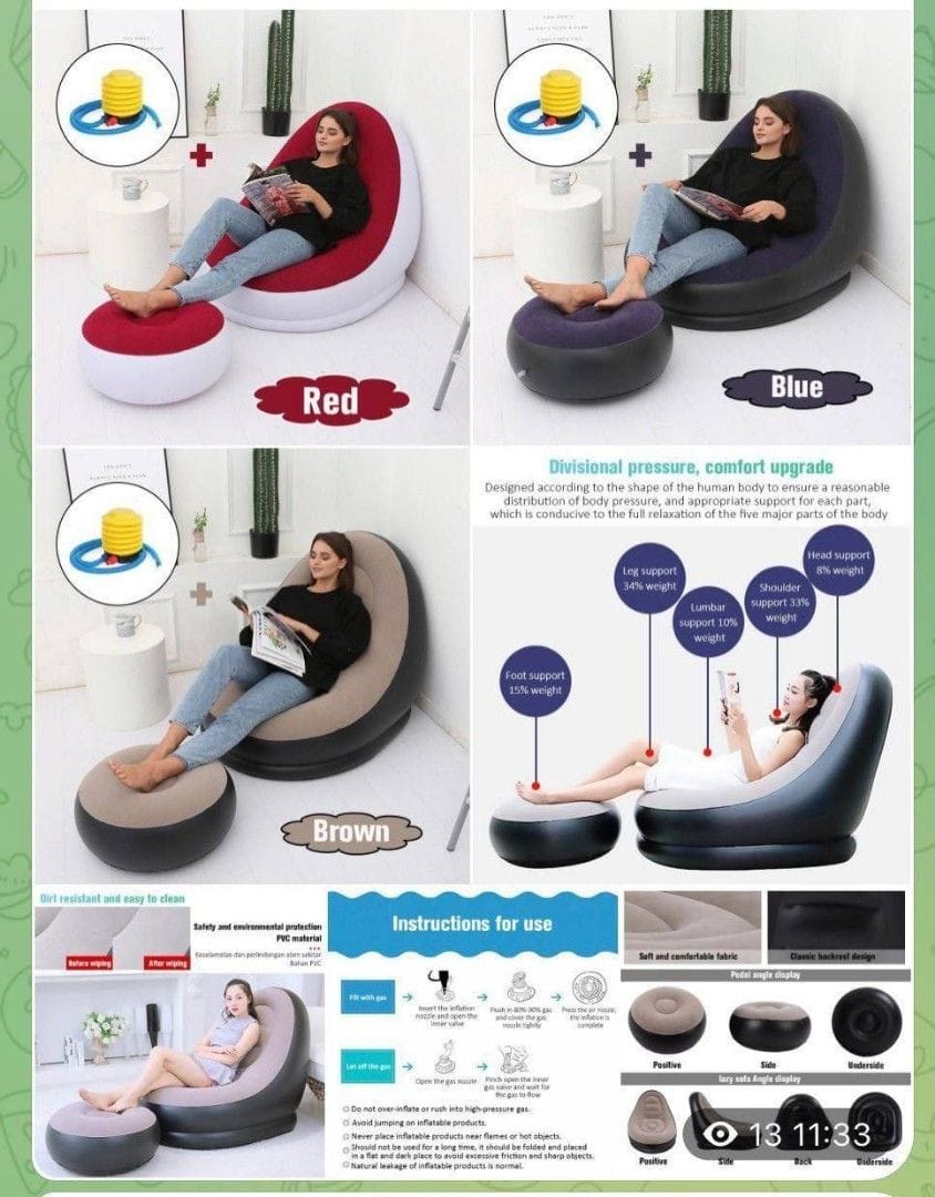 Inflatable Sofa Seat With Foot Stool and Manual Pump